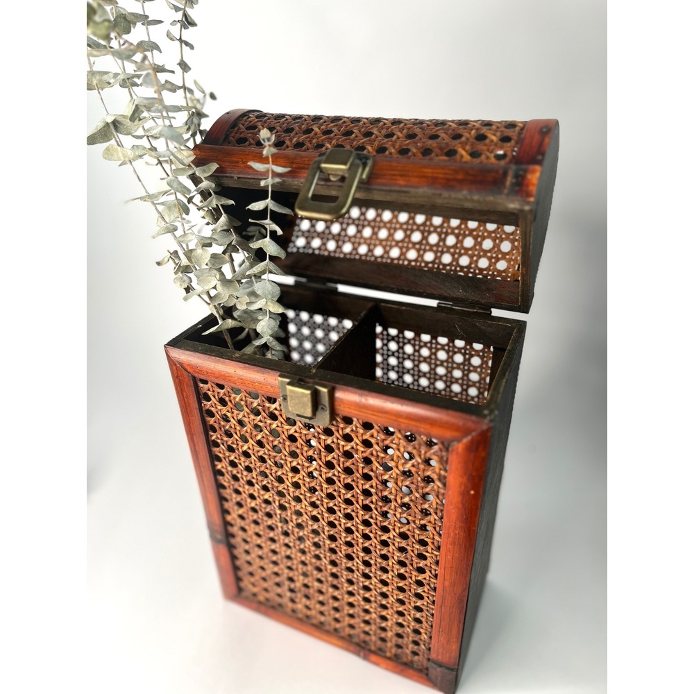 Wicker Hinged Wine Bottle Carry Storage Holder Box Cane Two Compartments